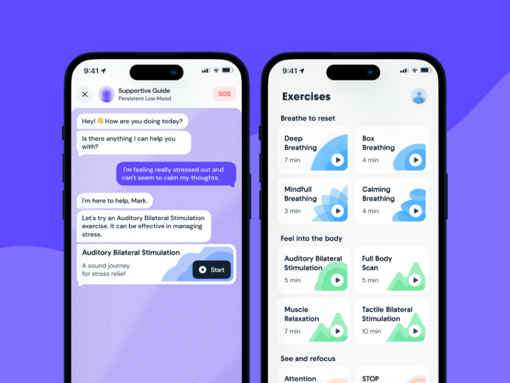 A pair of app screens showing a Cara chat and list of exercises